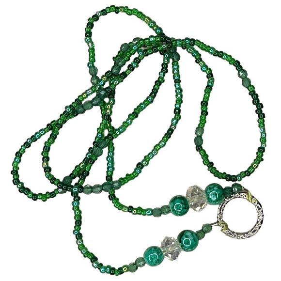 Beaded Necklace Green and Silver Tone Long Necklace Handmade - Picture 3 of 12